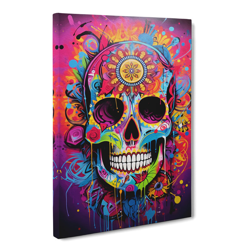 Sugar Skull Action Painting Art No.2 - Wrapped Canvas, 50cm H x 35cm W x 3cm D