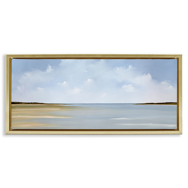 Plage, nuages, paysage, Cadre flottant métallique doré, H 14 po x l 31 po