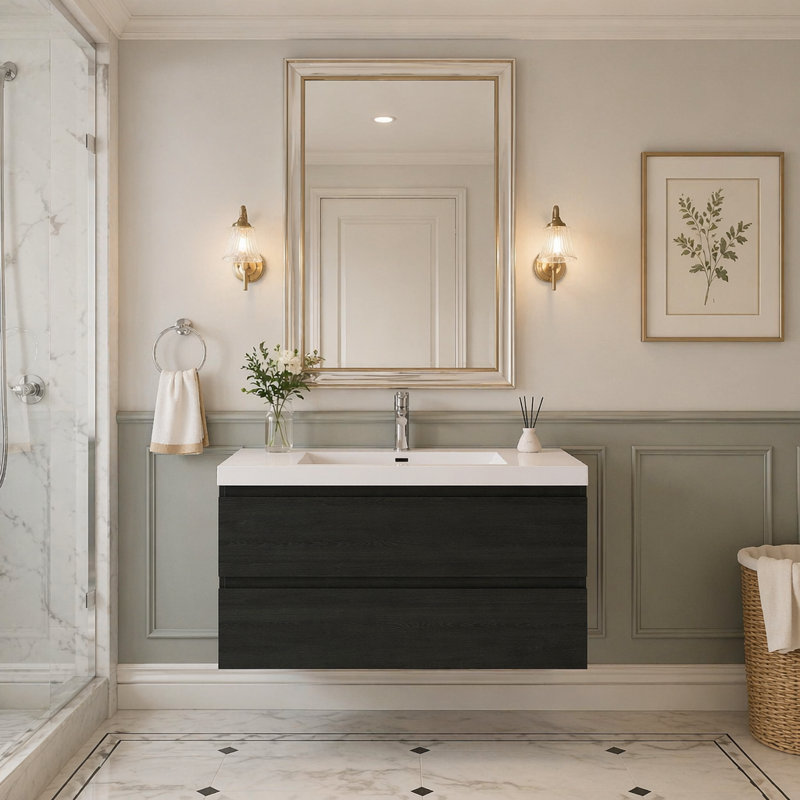 42" Floating Bathroom Vanity With Sink, Wall-Mounted Storage Cabinet With Solid Surface Top Basin And Soft Close Drawers Fully Assembled, Espresso Wood 24V11-42EW-W1920P411903