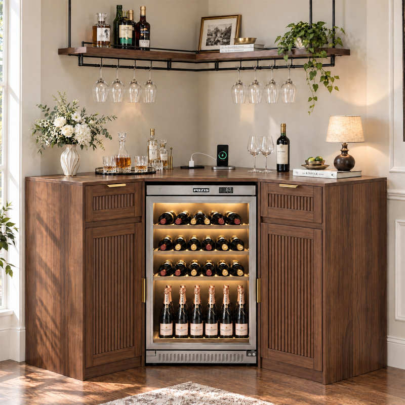 Coin-café avec compartiment réfrigérateur et prise électrique, meuble-bar en L avec étagères ajustables, noyer, Walnut