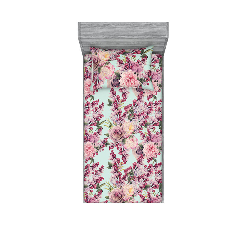 Ambesonne Fitted Sheet & Shams 3 Pcs Spring White Asters Calking Pistachio Green Mustard, Seafoam Lilac/Raspberry Floral