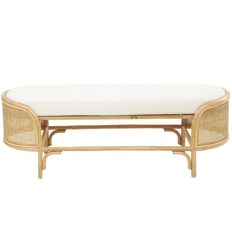 Aubie Brown Rattan Handmade Oval Bench with White Fabric Cushion