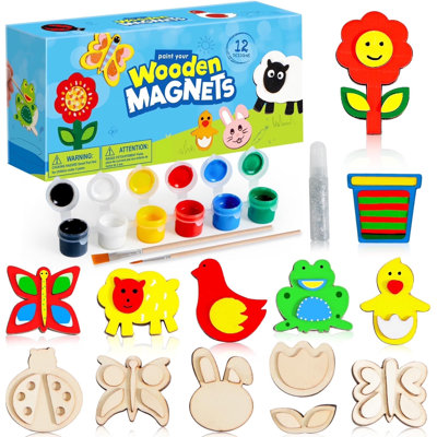12-Piece Wooden Magnet Painting Art & Craft Kits for Kids, Wood Craft Kits for Toddlers,Party Favours for Easter Christmas