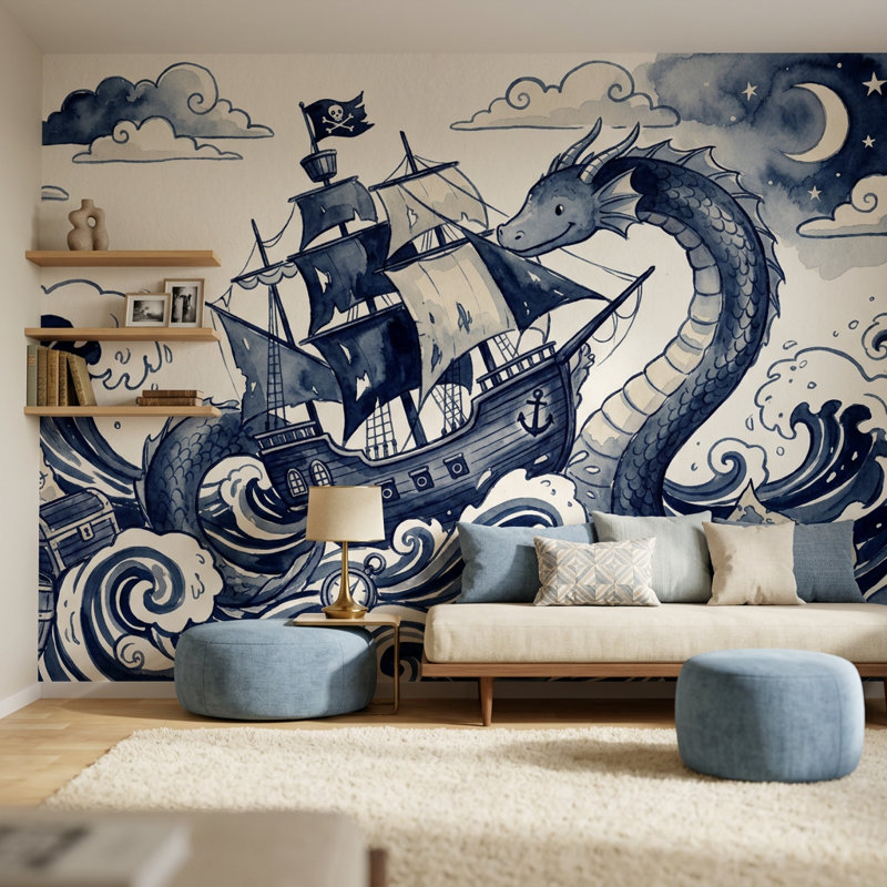 Murale de bateau pirate, 120 po x 96 po, Peler et coller