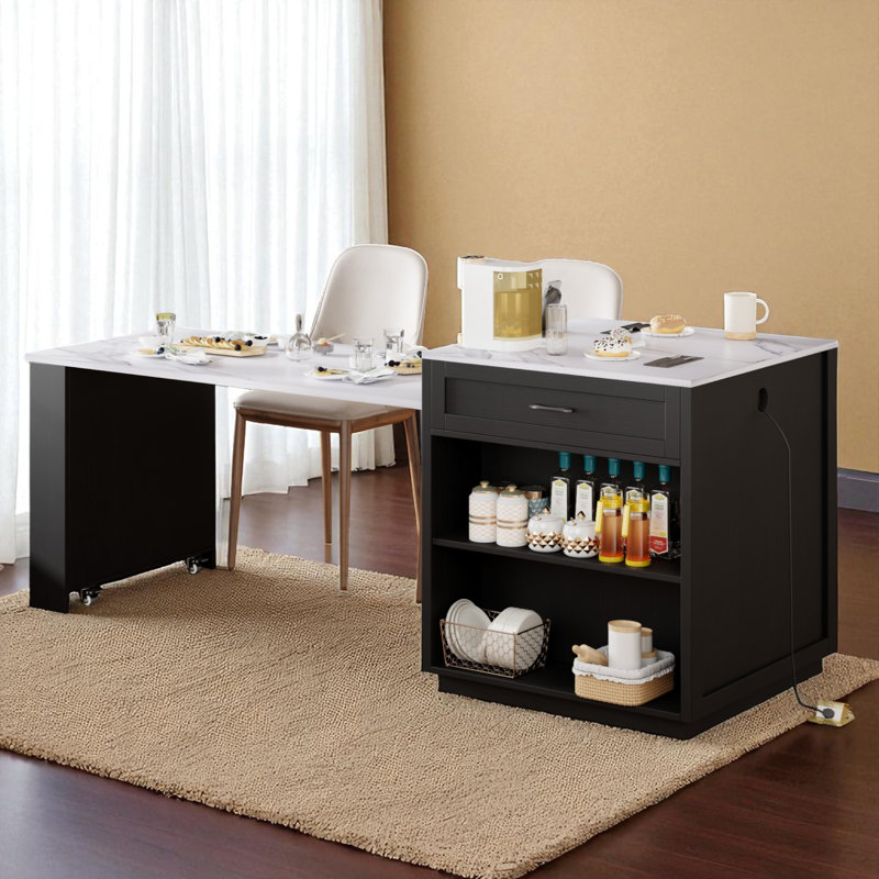 Îlot de cuisine 82,7 po de large avec table de salle à manger extensible et prise de courant, Noir