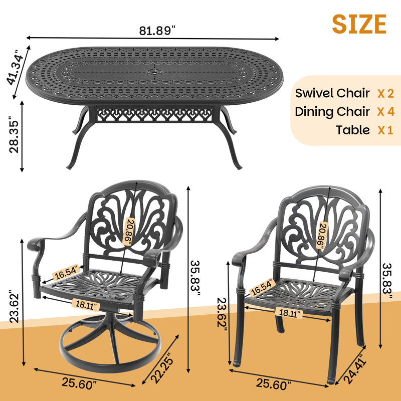 Ensemble de salle à manger d'extérieur ovale 6 personnes 81,89 po L avec trou pour parasol, 2 chaises pivotantes + 4 chaises empilables, coussins bruns