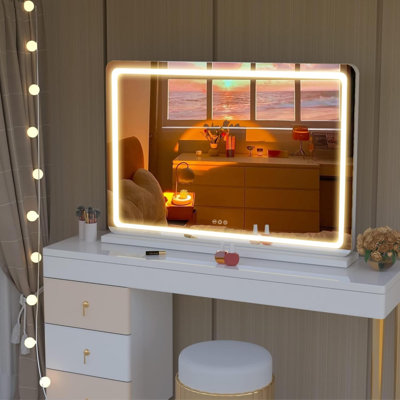 27.6" X 20" Round LED Lighted Makeup Vanity Mirror With 3 Dimmable Color Modes, Touch Screen Control, Wall Mounted Or Tabletop, White Finish