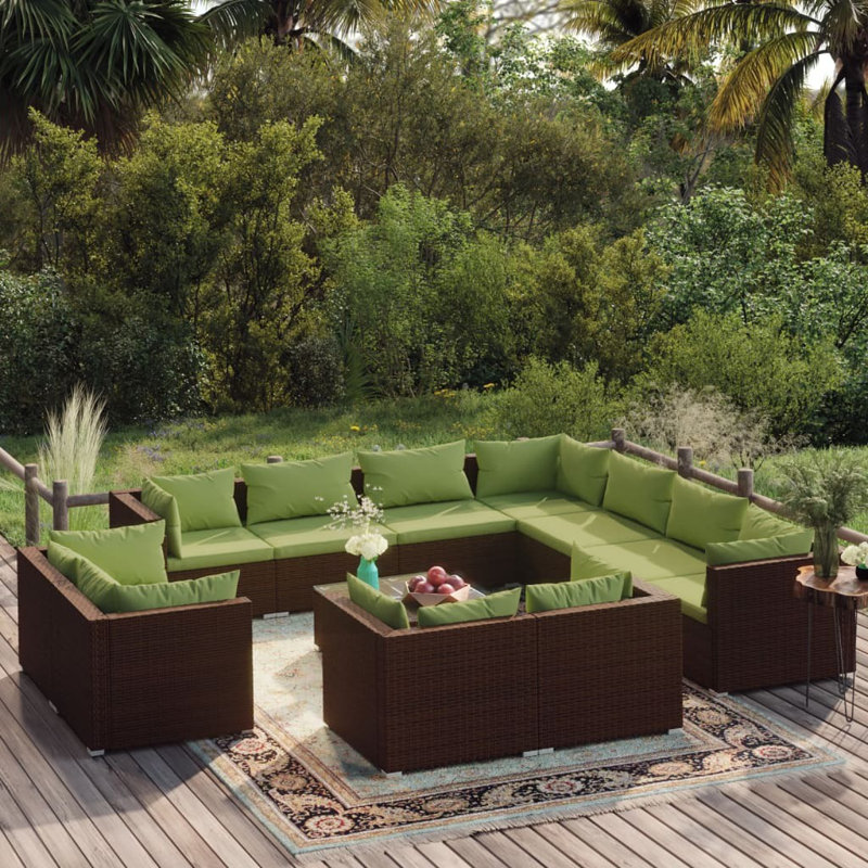 Jerrica 12 Piece Garden lounge set with poly rattan cushions, Brown, Green