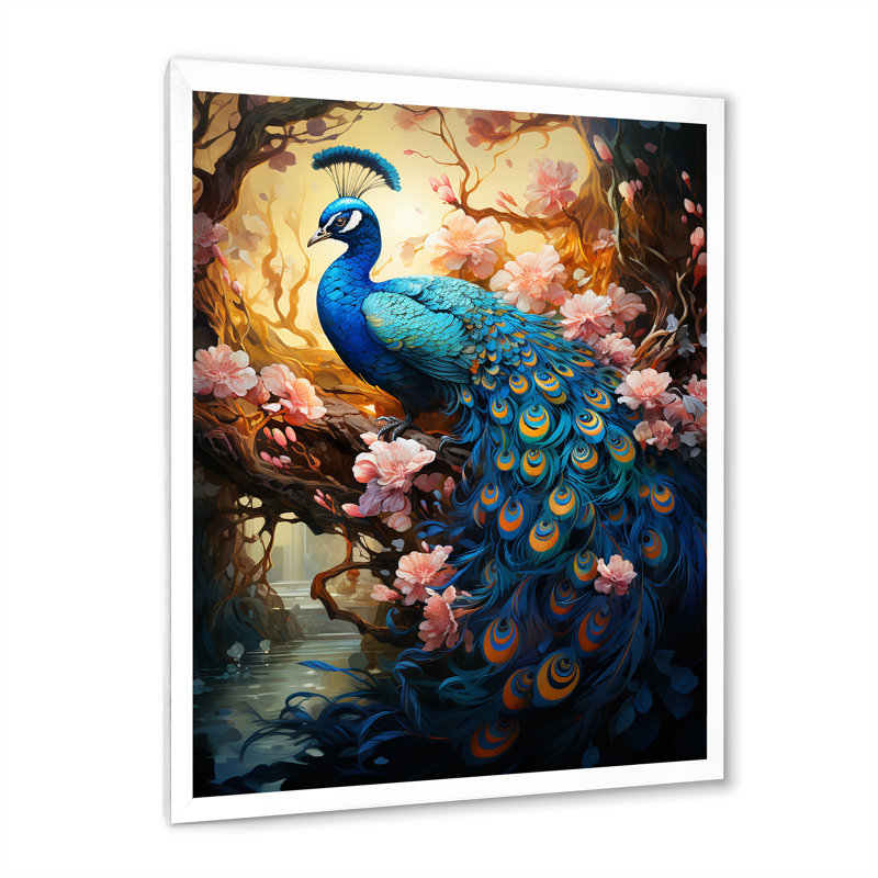 Fantaisie paon en fleurs enchantées sur toile, H 32 po x l 24 po x P 1 po, Cadre photo blanc