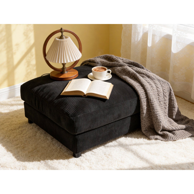 Corduroy Upholstered Rectangle Ottoman, Black