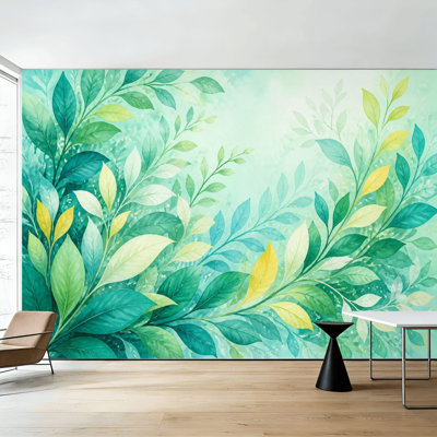 Papier peint adhésif à motif de feuilles vertes et touches de jaune pâle, 175 cm (H) x 244 cm (L), amovible, en PVC, pour chambre, salon ou bureau.