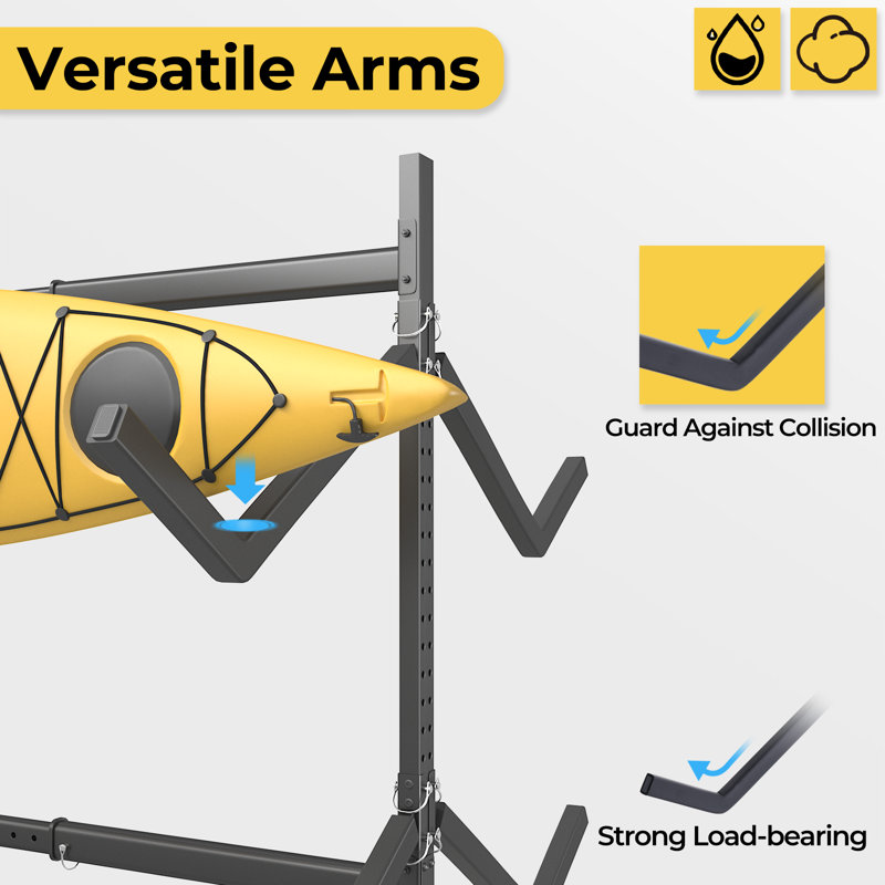 Launda 3-Level Freestanding Adjustable Kayak Rack With Padded Arms And Lockable Wheels
