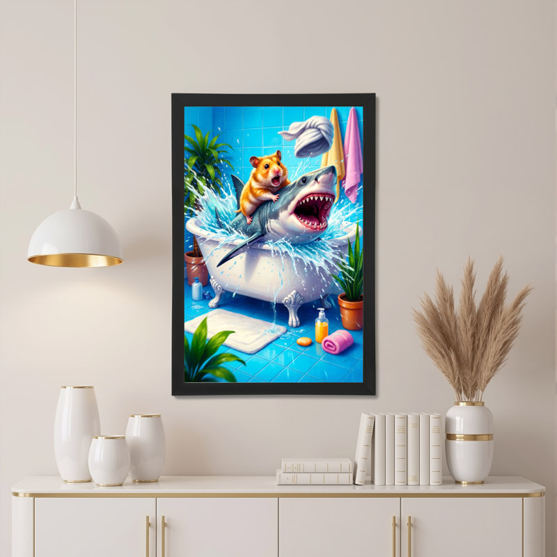 Shark And Hamster In Bathtub Canvas Wrapped Wall Art Oil Painting Print Set Of 1, 18" H x 12" W