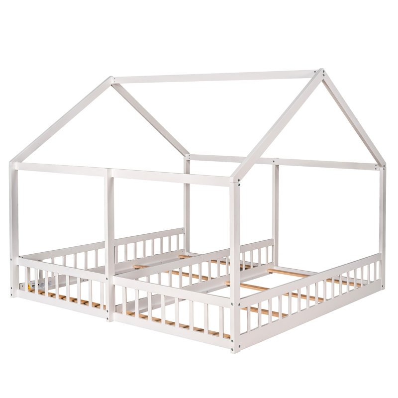 Twin Size House Platform Beds, White - 2 In 1 Beds With Guardrails, Made Of Pine Wood And , Easy To Install Two Shared Structure, Features Included