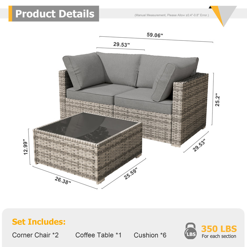 3-person Outdoor Sectional With Cushions,all-weather Wicker Patio Set, Dark Gray