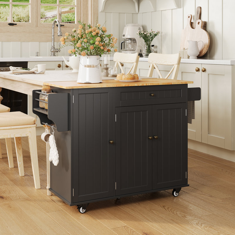 Solid Wood Top Kitchen Island Cart with Drop Leaf,  Locking Wheels, Large Drawers, Storage Cabinet, Towel Rack & External Spice Rack