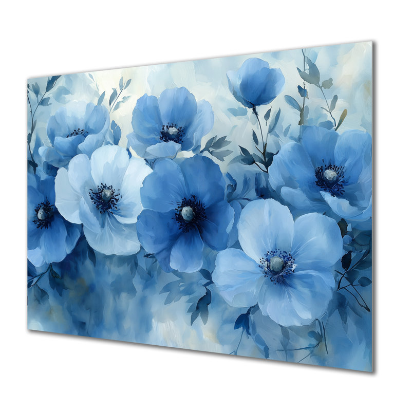 Art floral mural bleu en cascade de coquelicots III - Coquelicots, H 24 po x l 32 po