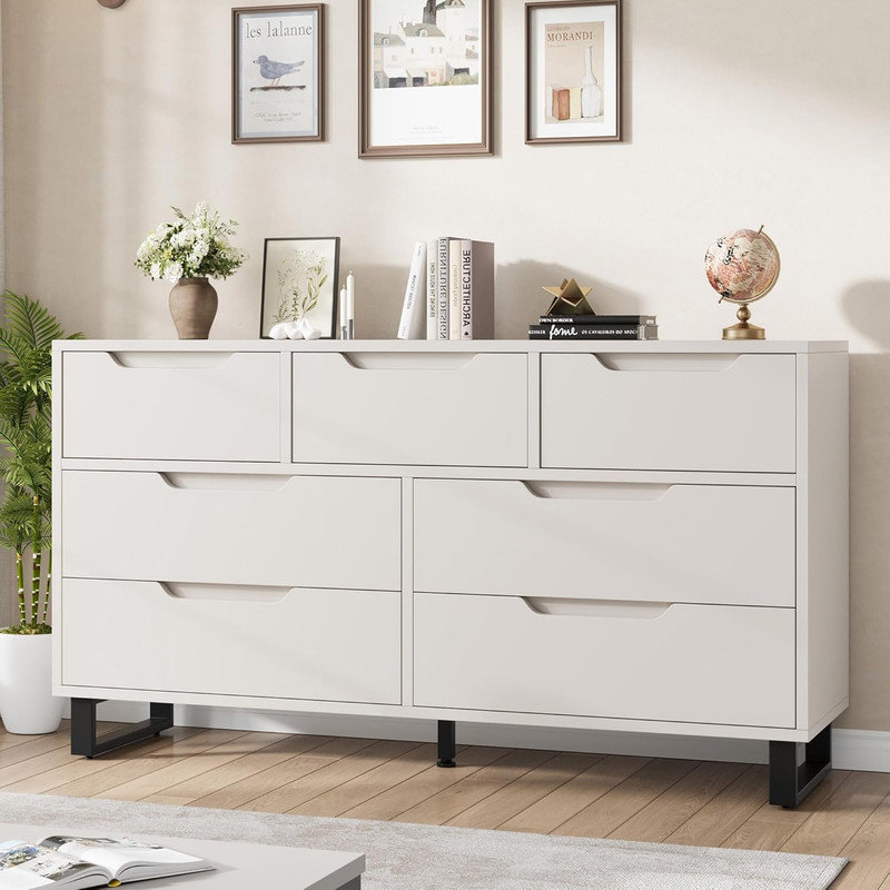Commode à 7 tiroirs 55 po, large commode horizontale en bois pour chambre et salon, Blanc
