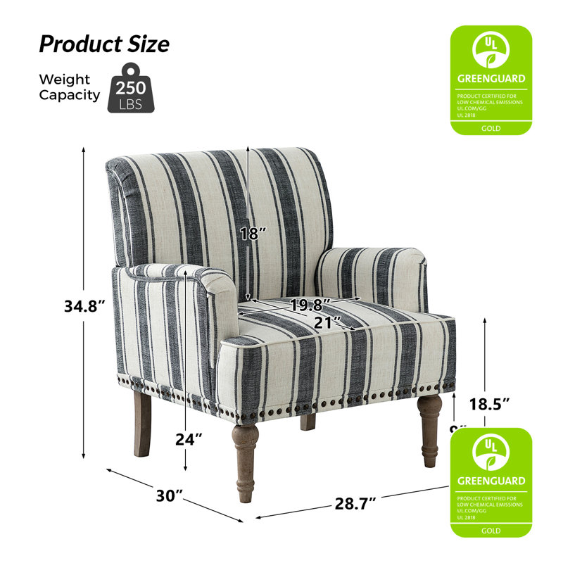 Fauteuil l 28,7 po Arching avec pieds en bois massif et garniture cloutée, Rayures noires