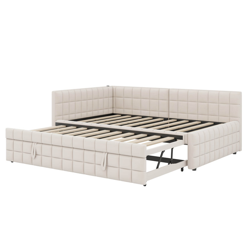 Lit de jour en L pleine grandeur revêtu de tissu et doté d'un lit gigogne escamotable double et de ports USB intégrés, Beige