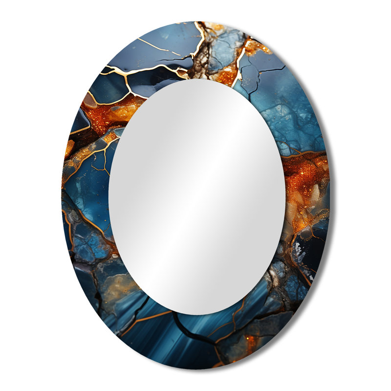 Gold And Blue Marble Mosaic Agate IV - Gold Modern Oval Wall Mirror, 43" H x 33" W