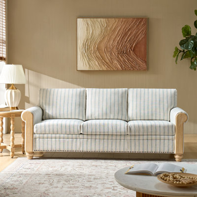 Gema 205 CM Farmhouse Striped Sofa With Rolled Arm And Solid Wood Spindle Legs