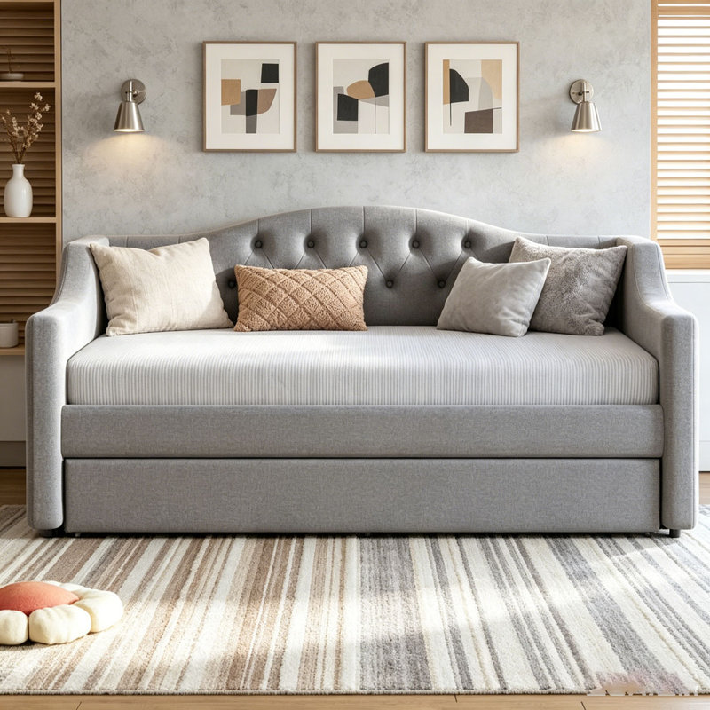 Lit de jour rembourré avec ceinture DEL, Double XL, Beige - Lit gigogne