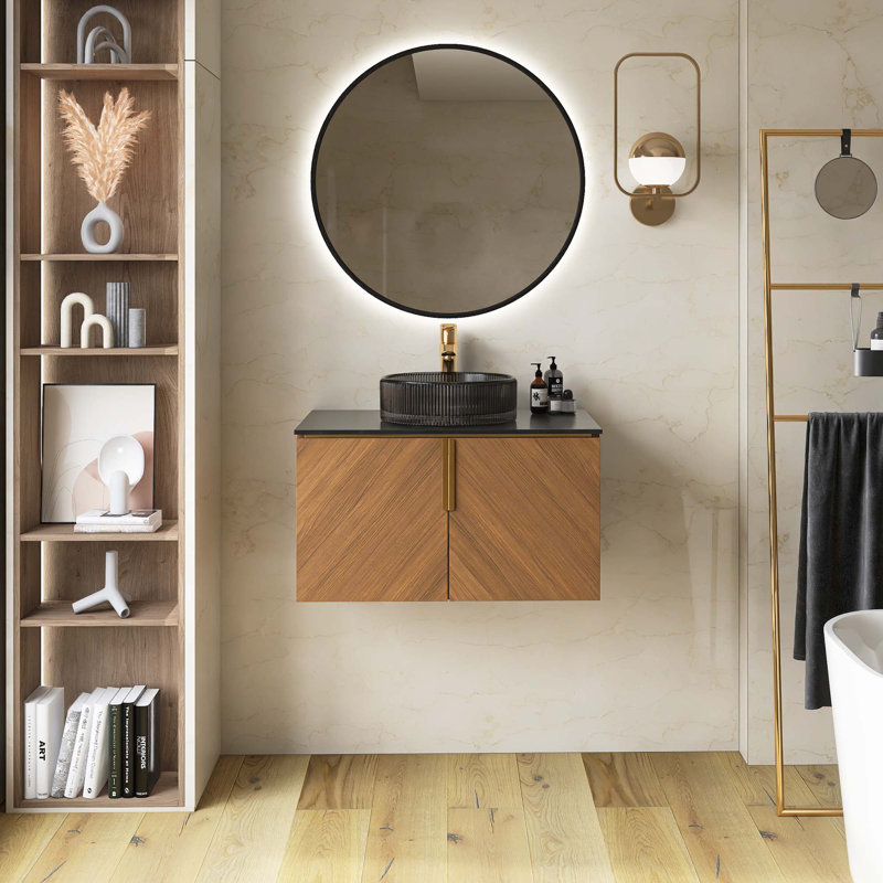 Meuble-lavabo mural en contreplaqué avec comptoir en pierre frittée noire et lavabo et portes ronds en céramique, couleur grain de bois chêne brun