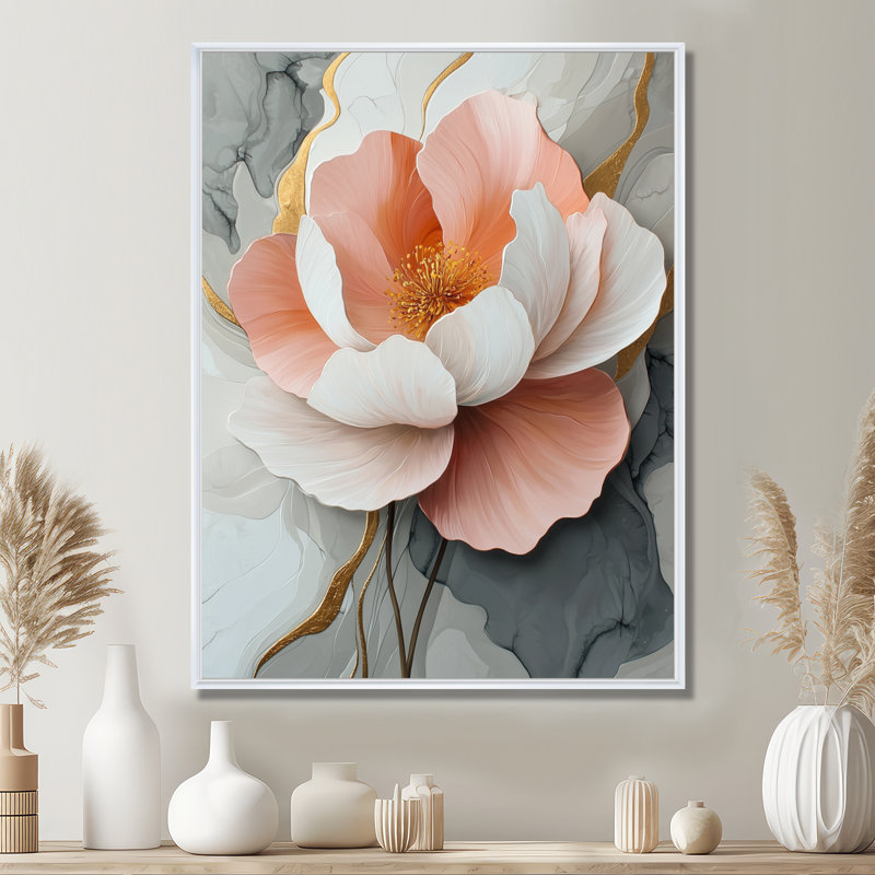Décoration murale pivoines Monifa blanc et corail marbre II - pivoines, H 32 po x l 16 po, Reproduction avec cadre flottant