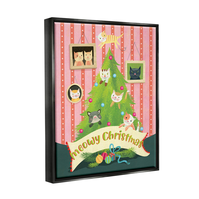 «Meowy Christmas Cat Tree - Floater Frame», impression sur toile, H 31 po x l 25 po x P 1,7 po, Cadre flottant noir de jais