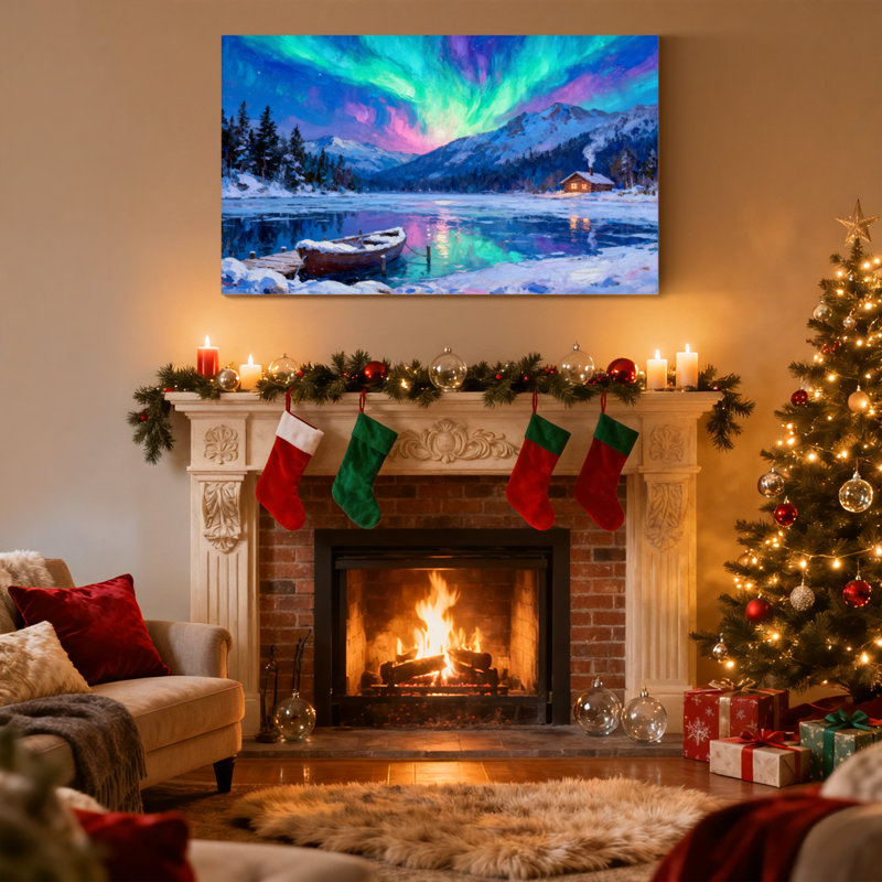 «Christmas Aurora Sky Mountain Lake Cabin Boat Snow Trees Reflection», ensemble de 3 impressions d'art sur toile