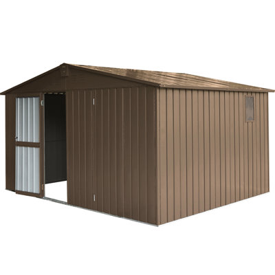 11'X 9' Metal Garden Storage Shed, Galvanized Steel Frame, Windows, Lockable Door, 630Cu.Ft., Brown Outdoor Shed With