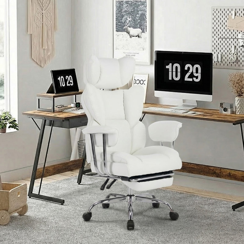 Fauteuil de bureau ergonomique Big & Tall avec repose-pieds, capacité de 350 lb, cuir PU de luxe embossé, Beige