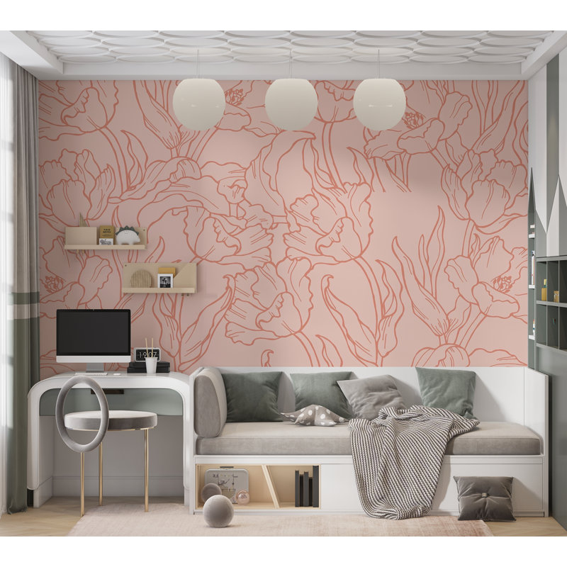 Murale pelez et collez de qualité supérieure - dessin au trait floral, L 96 po x l 120 po