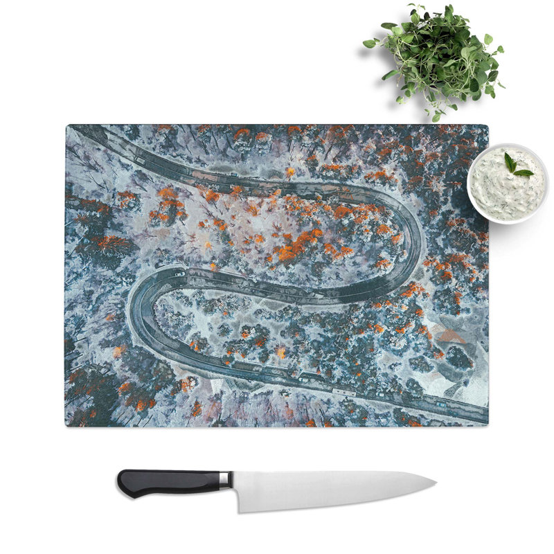 Tempered Glass Road Curves Through a Forest Chopping Board, 39 cm W x 28.5 cm L