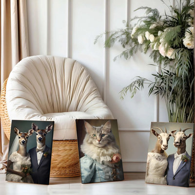 Ensemble de 3 affiches murales encadrées, portraits d'animaux fantaisistes sur toile - Impressions d'art vintage représentant un couple de cerfs, mariés, chats et chèvres, pour salon, chambre ou décoration de ferme - Idées cadeaux originales à accrocher au mur