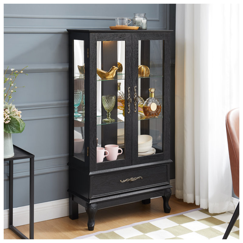 Vitrine lumineuse avec portes en verre, tablettes réglables et lumières DEL - Vitrine à finition noire avec tiroir pour le rangement de la décoration intérieure
