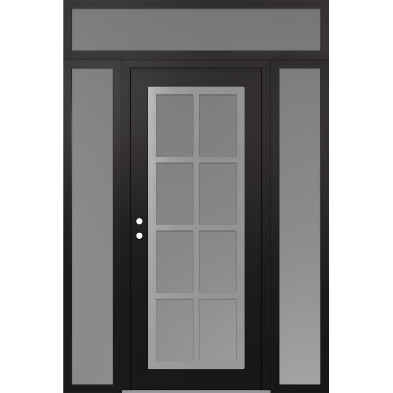 C16 droite 68 po X 96 po Panneau en acier argenté et verre givré noir et blanc avec 2 panneaux latéraux et porte d'entrée avant en verre givré avec traverse