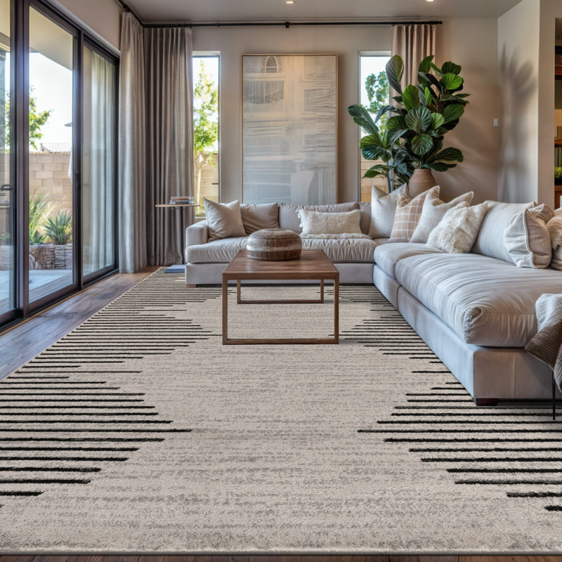 Damarcus Geometric Cream/Black/Gray Area Rug, Rectangle 7'10" x 10', Cream