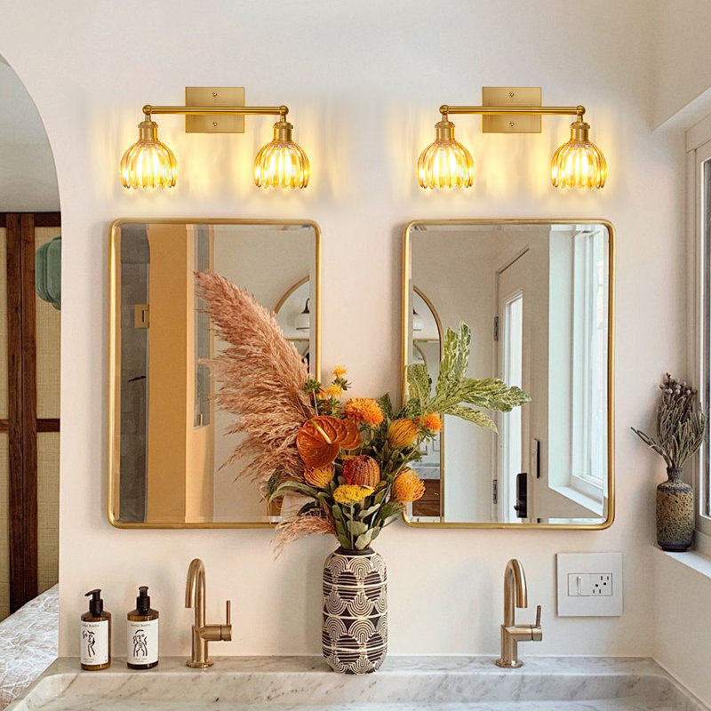 Luminaire de meuble-lavabo moderne avec abat-jour en verre E26, 2, Doré, Cuivre