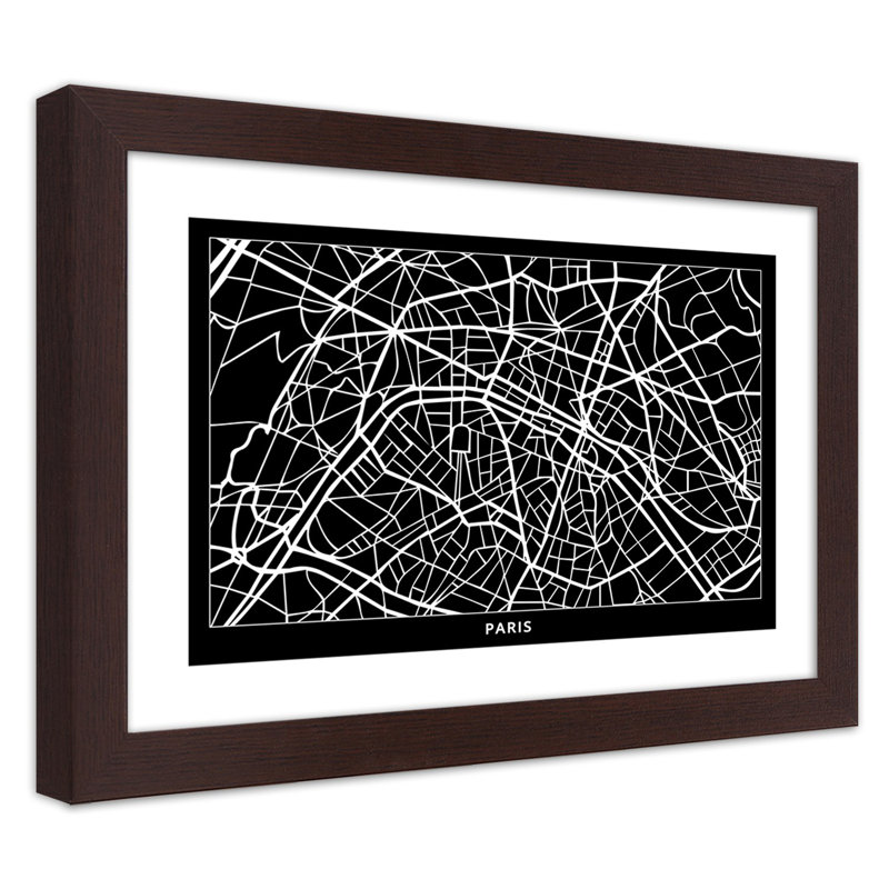 City Map of Paris 1 Piece Single Picture Frame Wall Art, 70cm H x 100cm W, Brown