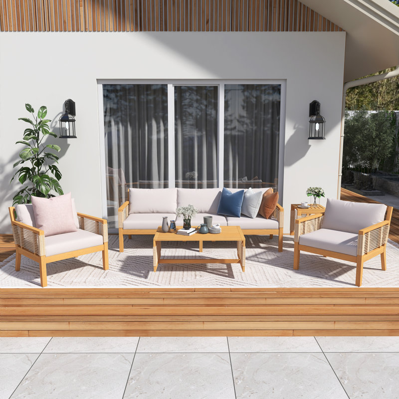 Ensemble de canapé de patio 5 pièces en bois d'acacia de style teck avec coussins beiges, ensemble de conversation en corde tissée à la main avec chaises, table d'appoint et table basse pour le jardin, la cour arrière, la piscine