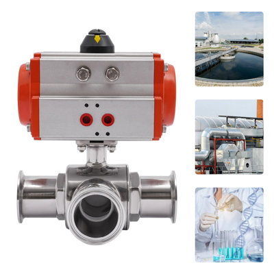 Vanne à bille pneumatique 3 voies sanitaire en acier inoxydable 304, à double effet, avec joint PTFE et raccord à bride de 2 pouces, pour canalisations industrielles d'eau, d'huile et d'air.