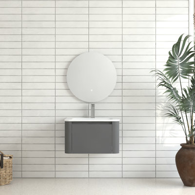24-Inch Wall Mounted Grey Bathroom Vanity, White Ceramic Integrated Basin, 45 Angled Handle, Soft-Close Drawer, Waterproof Plywood, Ample Drawer Storage, Style, Easy Installation Structure, Storage