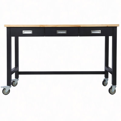 60" Work Bench, Workbench With Drawer Storage, Heavy Duty Bamboo Wood Work Table With Wheels For Garage Home Office