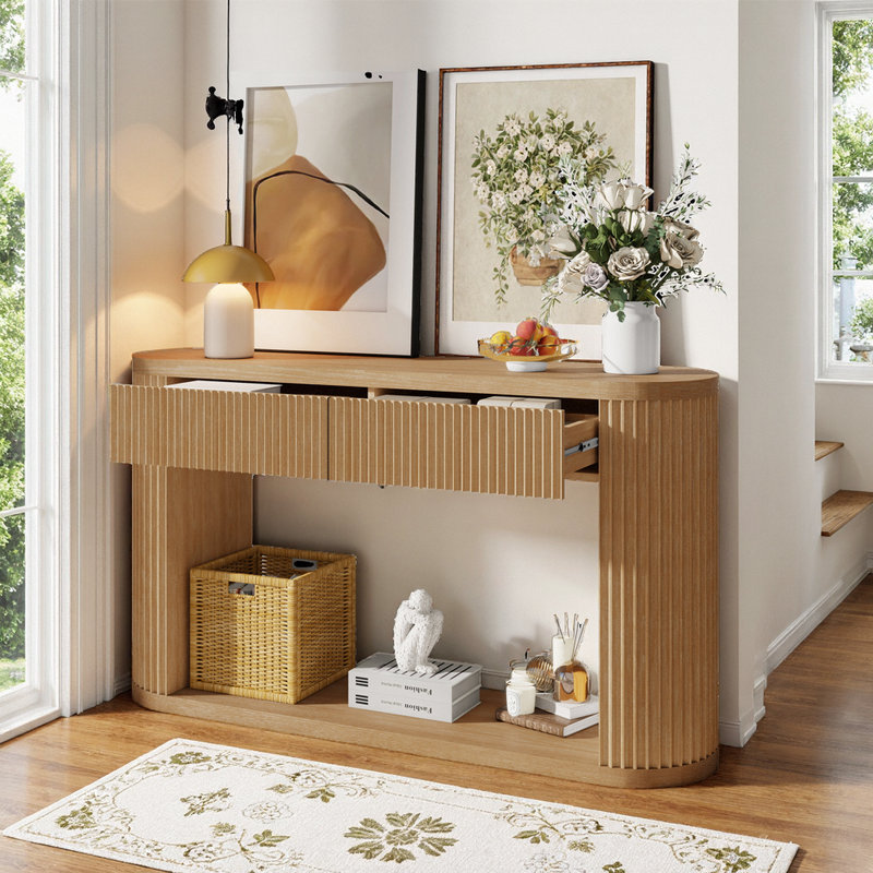 Console avec 2 tiroirs et tablette inférieure, table d'entrée en bois avec glissières en métal, Naturel