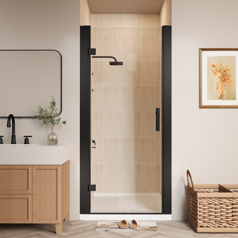 Pivot Swing Frameless Shower Door In Black With Clear Glass, Black