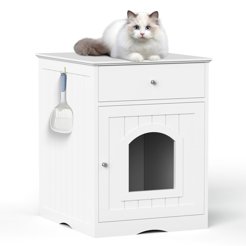 Enceinte de litière en bois blanche avec table d'appoint pour chat, Blanc