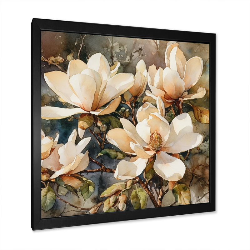 «Cream Magnolia Symphony», reproduction d'art sur toile, Cadre simple noir, H 24 po x l 24 po x P 1 po