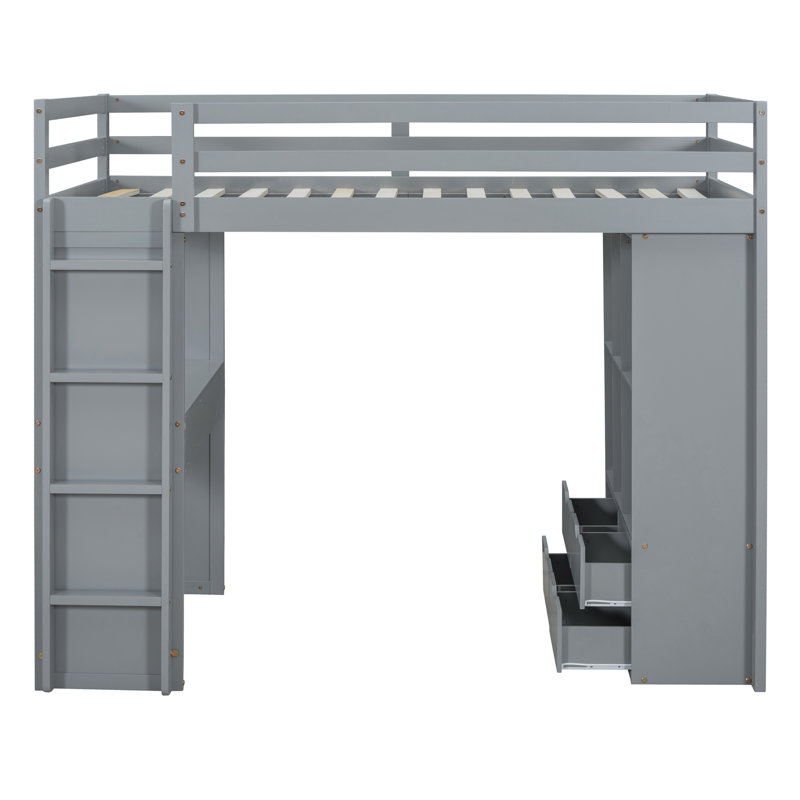 Lit mezzanine avec grandes tablettes, bureau et lumière DEL, Gris, Double